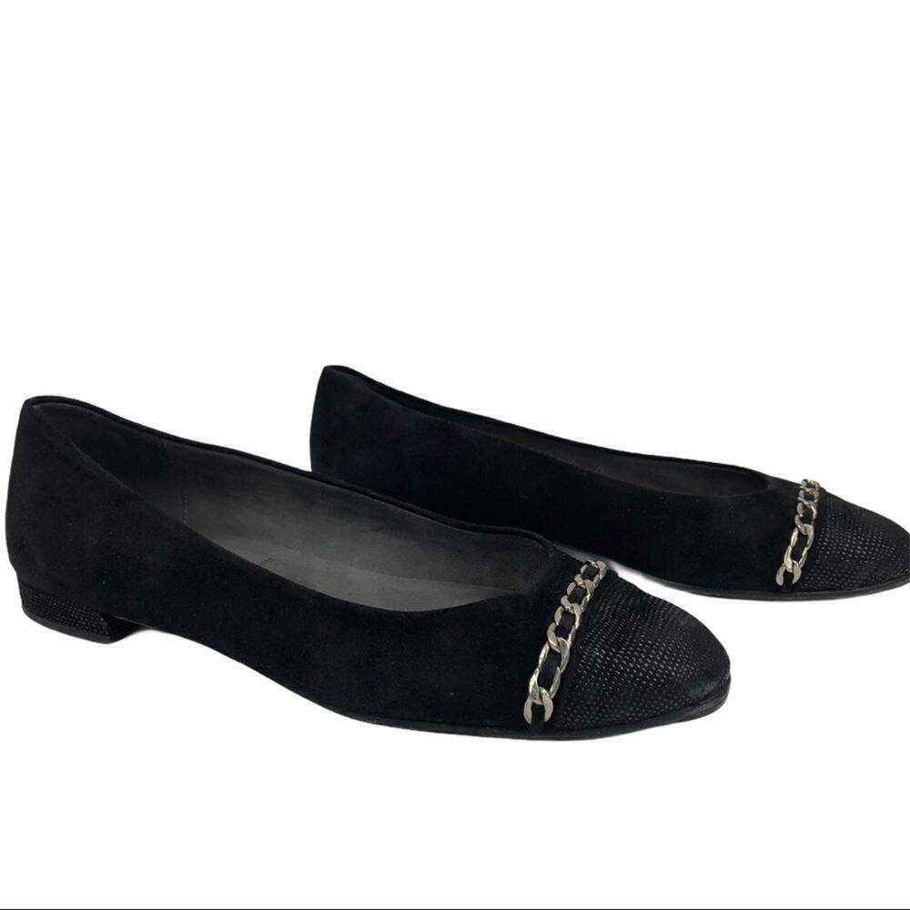 Stuart Weitzman Legacy Cap Toe Ballet Loafers Flat Black Suede Chain Accent 6